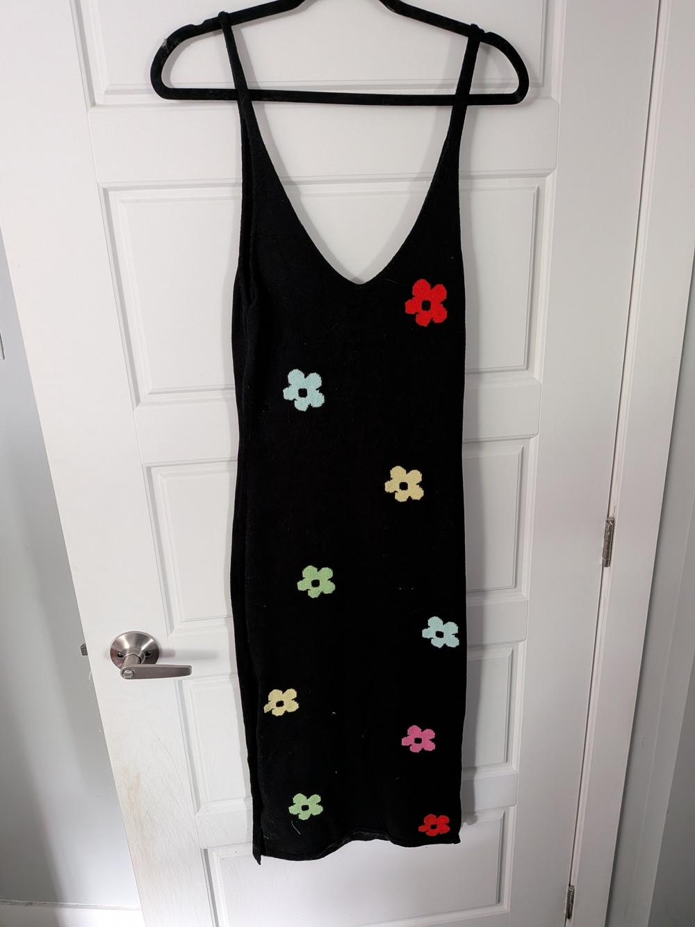 Cider Black Midi Slip Dress with Multicolor Floral Appliqués